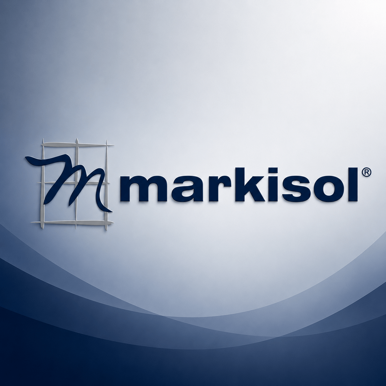 Markisol-logotyp på blå bakgrund, ingen synlig solskyddstyp eller miljö att identifiera