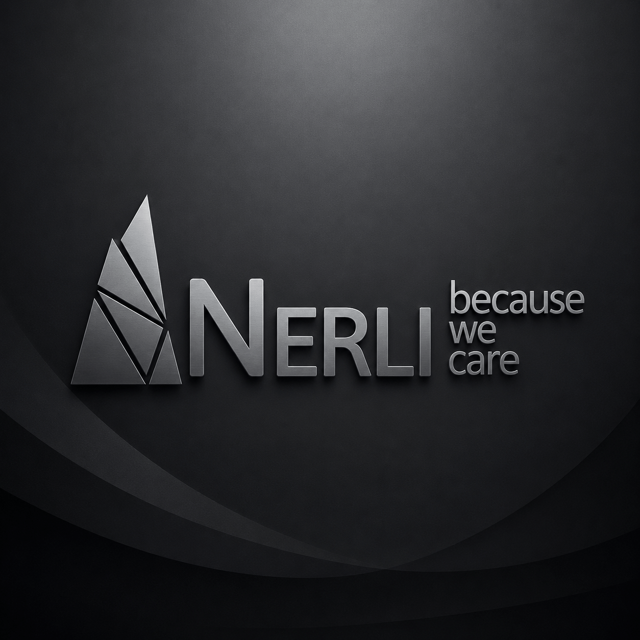 Svart metalllogo med texten "NERLI because we care" på mörk bakgrund, stilren företagslogotyp för kontor eller varumärke