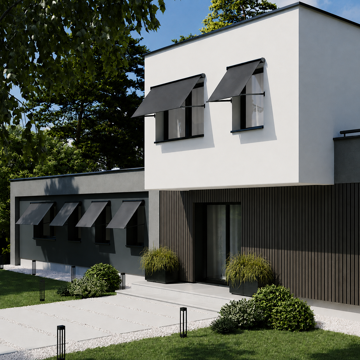 Svarta fönstermarkiser över fönster på modern villafasad, solskydd och insynsskydd