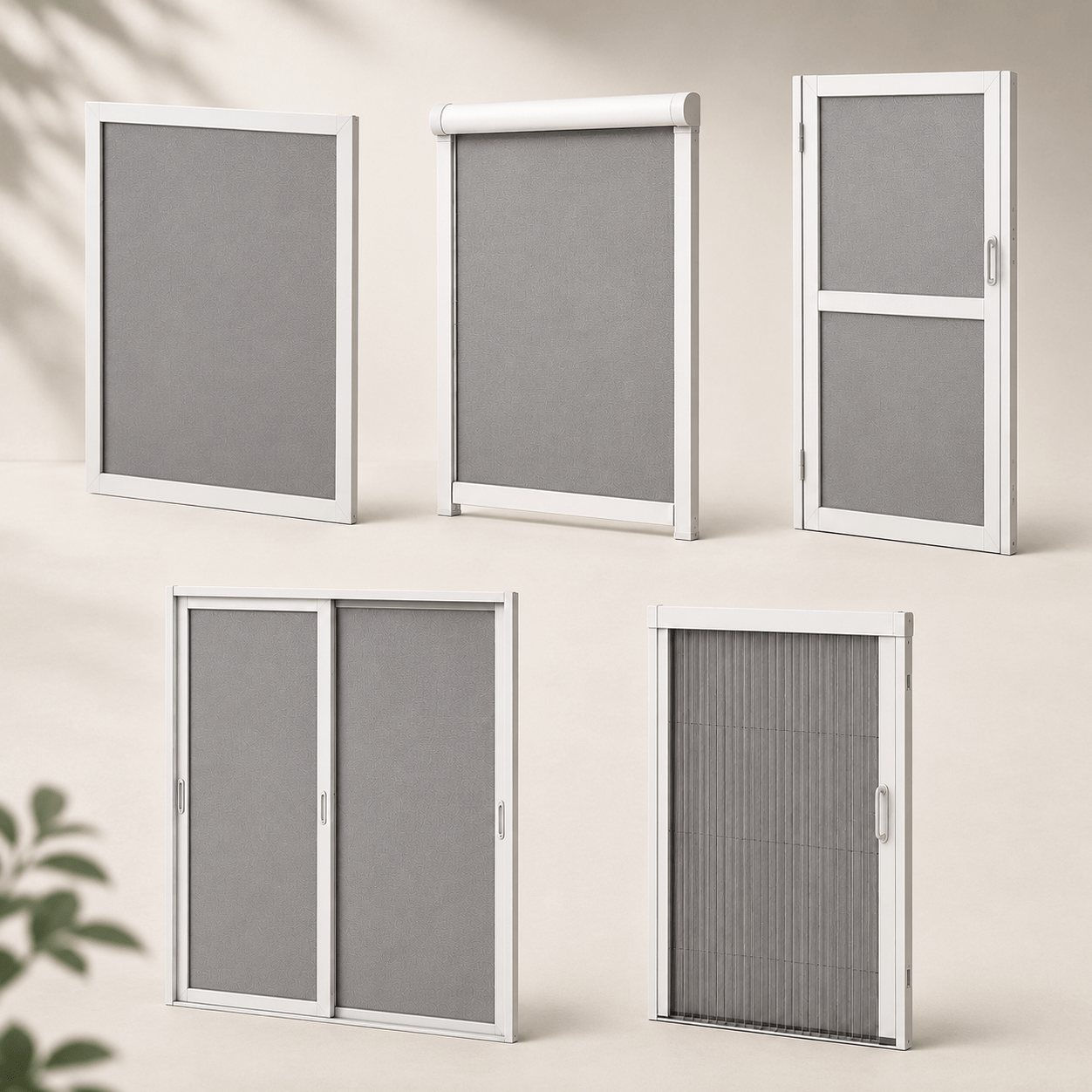 1. Fast myggnät för fönster med vit aluminiumram 2. Rullbart myggnät monterat i fönster 3. Vitt dörrmyggnät med gångjärn 4. Skjutdörrsmyggnät för balkongdörr 5. Plissérat myggnät för altandörr