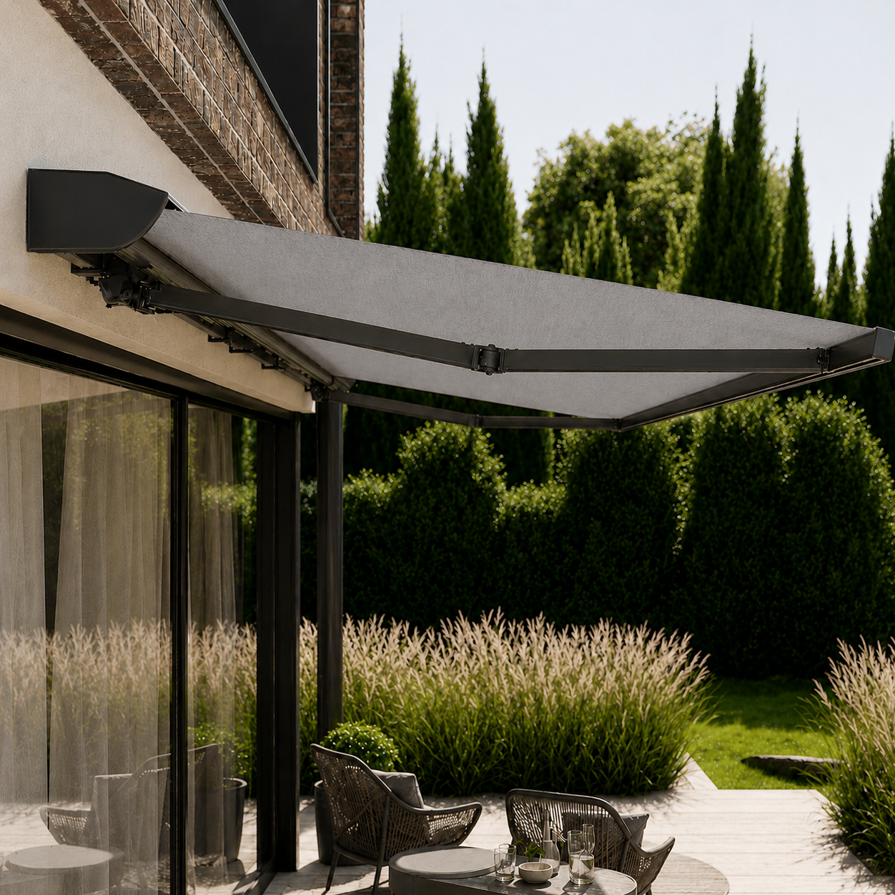 Terrassmarkis i grått över uteplats vid modern villa med trädgård och utemöbler