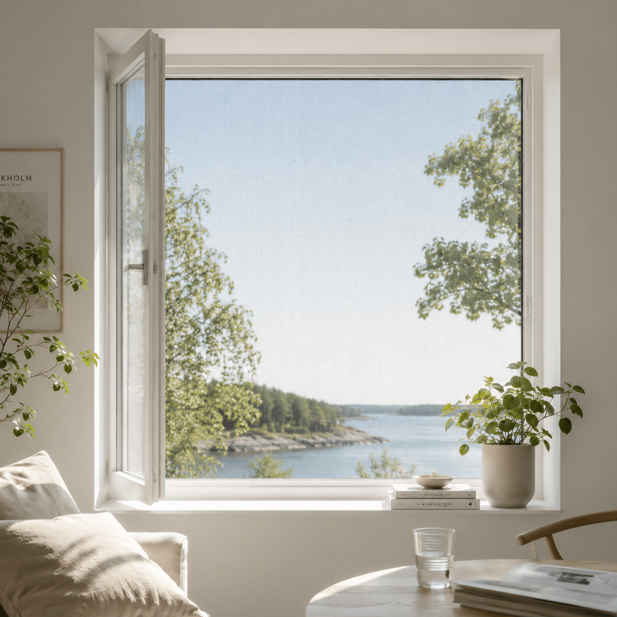Premium myggnät monterat i fönster med utsikt över svensk sommarnatur och sjö