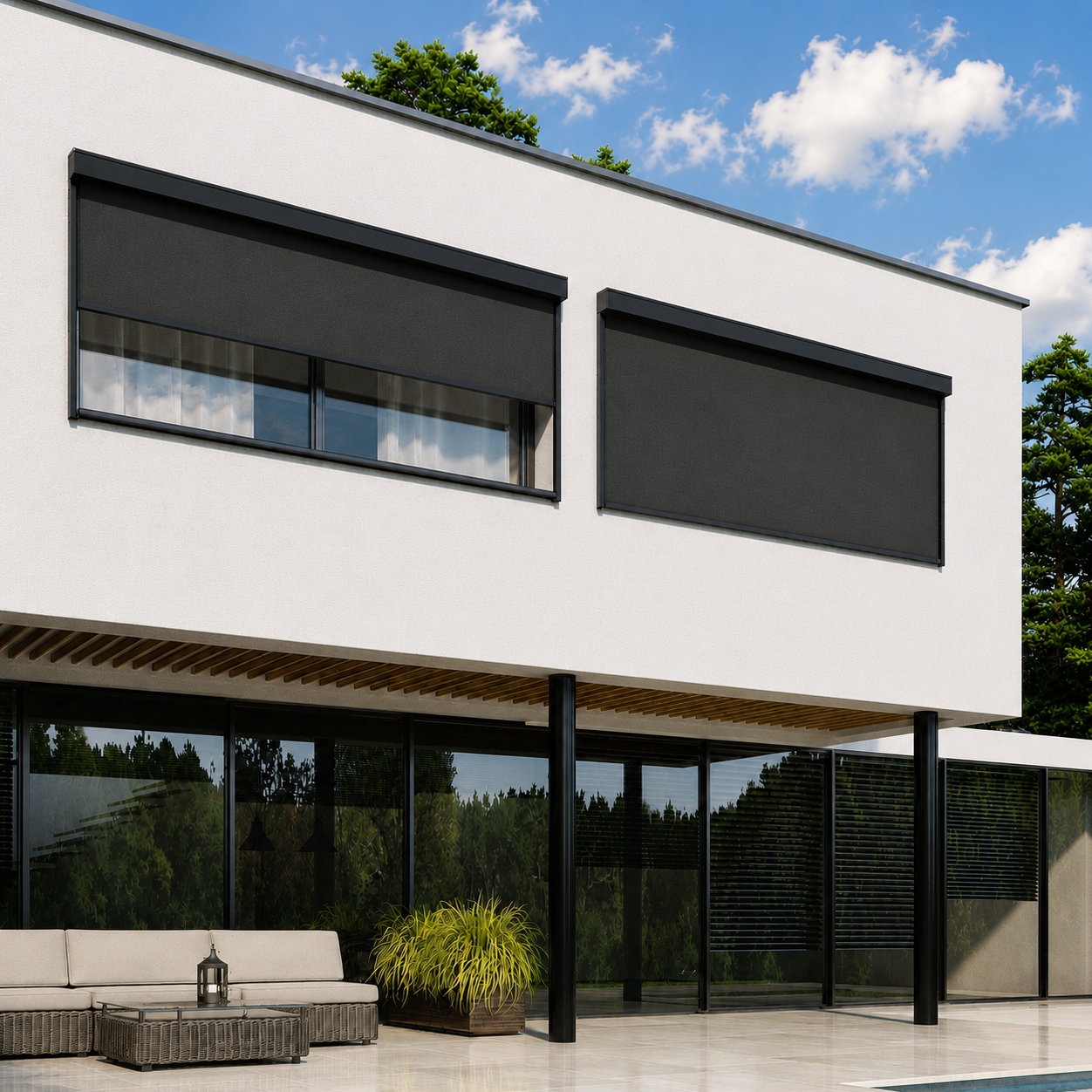 Svarta ZIP-screens monterade på villas övervåningsfasad över fönster, modern uteplats nedanför