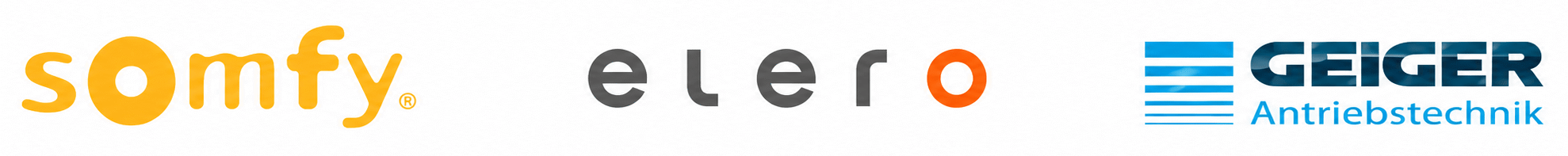 Logotyper på somfy, elero och Geiger som levererar motorer till solskydd